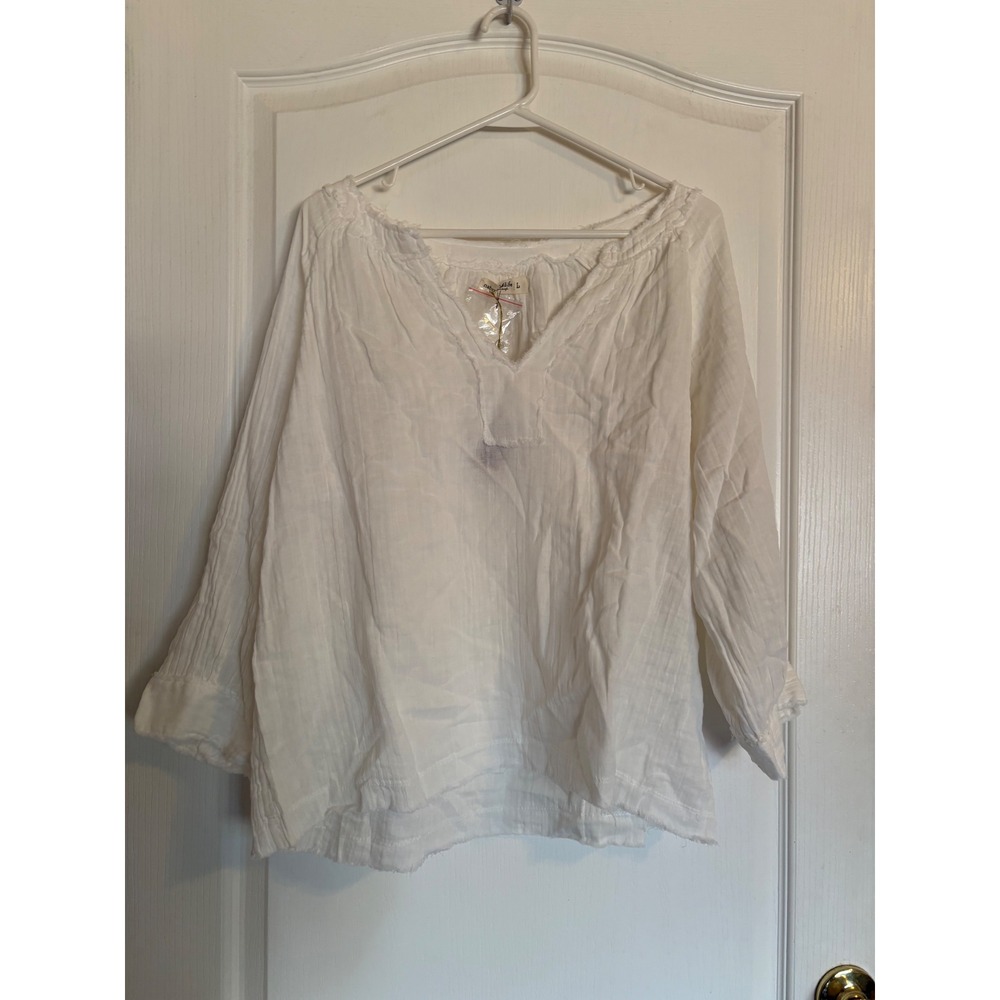 Natural Life Blouse Womens Large White NWT Gauze Frayed V-Neck Peasant Top